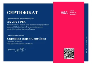 сертифікат про підвищення професійного рівня адвоката за 2021 рік